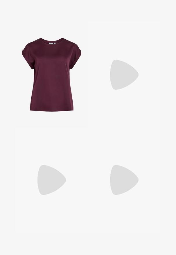 Burgundy short-sleeve top with a round neckline, made from smooth, lightweight fabric, featuring a loose fit and simple design.; Black linen shorts with a high waist, featuring a fabric tie belt and side pockets, smooth texture, and a loose-fitting design.; Black heeled sandals with thin straps, open toe design, and a small, flared heel. The material appears smooth and glossy.; Gray ribbed crop top and olive green high-waisted skirt. Model holds a white shoulder bag with cut-out detailing. Simple design, fitted silhouette.