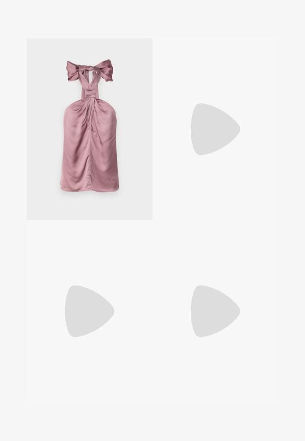 Abito halter di un rosa chiaro con un fiocco annodato al collo, caratterizzato da dettagli di tessuto arricciato, texture liscia e una silhouette aderente.; Pantaloni a gamba larga con un motivo astratto multicolore in tonalità di blu, arancione e marrone. Realizzati in un tessuto leggero con una texture liscia.; Sandal con tacco cubano bianco in pelle, caratterizzata da una cinghia alla caviglia con fibbia e design minimalista. Punta aperta e texture liscia in tutto il sandalo.; Borsa clutch intrecciata beige con forma arrotondata, accenti in metallo dorato e un motivo texturizzato. Meccanismo di chiusura nella parte superiore.