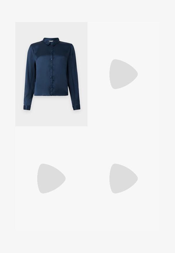 Cămașă albastră închis cu mânecă lungă, realizată din satin neted, având un guler și un sistem de închidere cu nasturi. Design simplu, fără modele sau accente.; Tricou scurt cu mânecă, de culoare bleu deschis, fabricat din bumbac moale. Are un decolteu clasic rotund și o croială lejeră, fără modele sau accente.; Blugi din denim flared de culoare albastru închis, cu talie înaltă, buzunare frontale și detalii din fire aurii. Textură netedă cu un croi tradițional.; Birkenstock MADRID BF REGULAR - Sandale - graceful pearl white