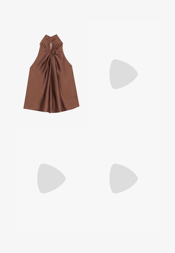 Brown sleeveless top with a high collar, draped fabric, and a keyhole back opening, made from smooth, glossy material.; Light beige linen trousers with a straight cut, featuring two front pleats, side pockets, and a slightly textured surface.; Black leather ballet flat, pointed toe, minimalistic design, smooth texture, low-profile heel, no visible hardware or embellishments.; Black leather crossbody bag featuring a smooth texture, rectangular shape, and a metallic chain detail on the front. Adjustable strap included.