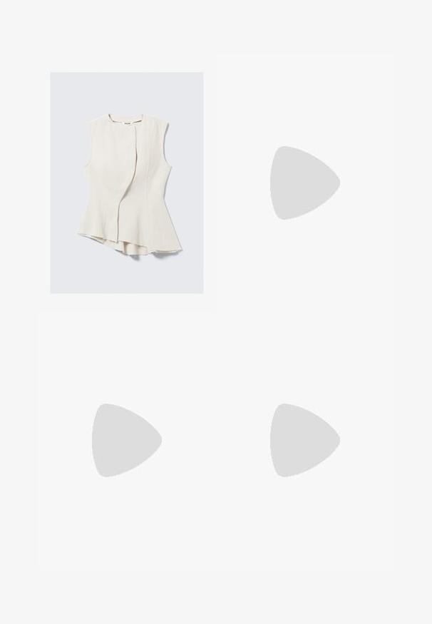 Sleeveless beige top with a unique asymmetric hem and textured fabric. Features a front overlap design, raw edges, and a subtle sheen.; Dark brown fabric skirt with a flared design, adjustable tie sides, and a smooth texture. Hem is rounded and slightly asymmetrical.; Gray leather calf-high boots with a slouchy design, pointed toe, and stacked heel. Notable stitching detail on the toe area.; Snake-print handbag with a curved handle. Made from textured, beige and brown materials, featuring a distinctive diamond pattern.