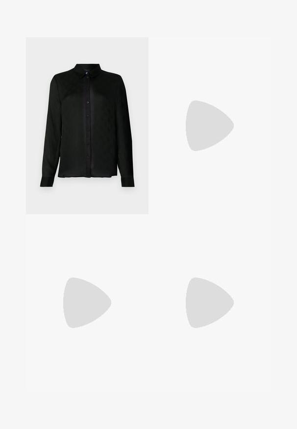 Camicia nera a maniche lunghe con bottoni, dotata di colletto, che presenta un sottile motivo testurizzato e bottoni neri lungo la pattina frontale.; Gonna nera con texture, caratterizzata da strisce orizzontali, tasche frontali decorative con bottoni in tonalità argento e una silhouette aderente.; Scarpe con tacco alto in vernice nera, con punta appuntita, cinturino regolabile e tacco rettangolare chunky.; Borsa a mano metallica grigia chiara con tracolla a catena, impreziosita da piccoli chiodi metallici circolari e da un logo triangolare del marchio.