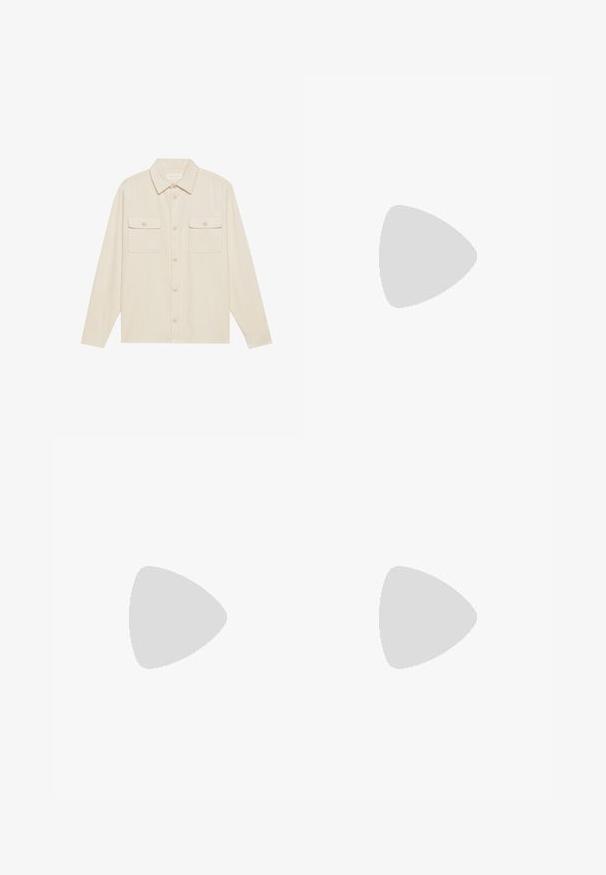Bershka OVERSIZED - T-shirt basic - white; Camicia in corda beige con maniche lunghe, colletto a punta e due tasche sul petto. Presenta una chiusura con bottoni sul davanti e un tessuto strutturato.; Pantaloni grigi su misura con taglio dritto, dotati di due tasche frontali, pieghe e chiusura a bottone. Realizzati in tessuto leggero.; Scarpe atletiche bianche con tomaia in maglia testurizzata, lacci piatti e una suola ammortizzata con camere d'aria visibili per un supporto aggiuntivo.