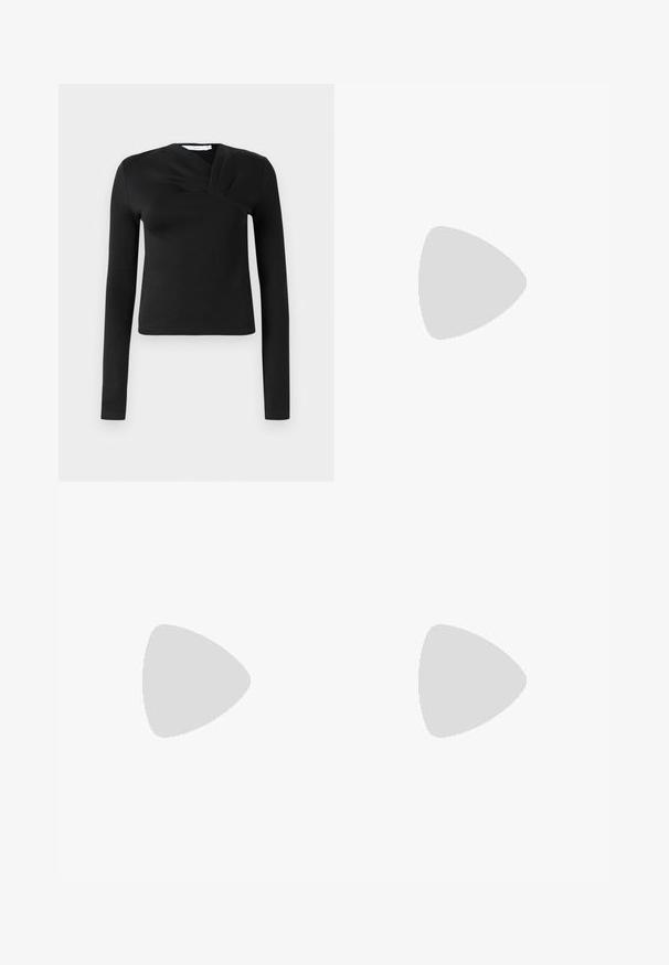 Black long-sleeve top with a wrap design, made of smooth fabric. Features a cropped length and a V-shaped neckline. No patterns or accents.; High-waist gray trousers with vertical pinstripes and wide straight legs, displayed against a white background.; Paul Smith TOPANGA - Ballet pumps - black; Black leather bag with a curved shape, circular top handle, and silver logo detail. Smooth texture and notable cut-out design feature.