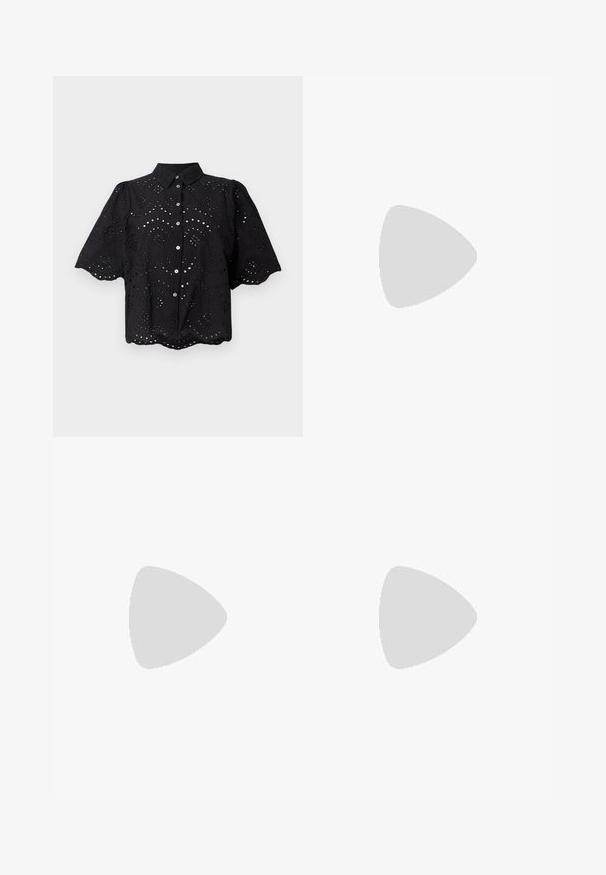 Black short-sleeve shirt featuring eyelet embroidery, scalloped hem, and button closure. Lightweight fabric with floral cut-out patterns.; Beige linen pants with an elastic drawstring waistband, straight leg design, and smooth texture. Lightweight and breathable fabric.; Black patent leather slingback heels with a pointed toe and a geometric block heel. Features a sleek, minimal design and smooth texture.; Black leather handbag with a curved shape, detachable strap, and gold hardware. The bag features a flap with a buckle detail.