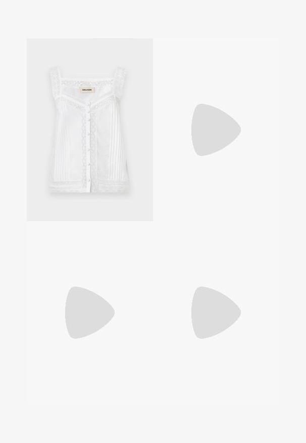 White sleeveless top with lace details, vertical pleats, and a button closure at the front. Features a scalloped lace neckline and straps.; Light blue, straight-leg denim jeans with a fading effect, five pockets, and metal button closure at the waist.; Women's leopard print slingback shoe with low block heel and gold buckle on side strap, shown in side profile on plain background.; Brown suede shoulder bag with embossed floral design, complemented by a smooth brown leather strap and gold-tone hardware accent.