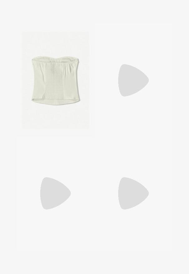 Top bianco senza spalline con texture arricciata al centro, bordi lisci e cerniera laterale nascosta. Tessuto morbido, silhouette aderente.; Mini gonna bianca con orlo nero, realizzata in materiale morbido. La modella indossa ballerine argentate e un bracciale trasparente a un polso.; Scarpe piatte argento e bianche con cinturini incrociati e dettagli testurizzati, abbinate a pantaloni neri larghi. Ambientate su un pavimento blu.; Occhiali da sole tartarugati marroni con forma rettangolare, lenti marroni scure e brandizzazione "vogue" in oro sulle aste.