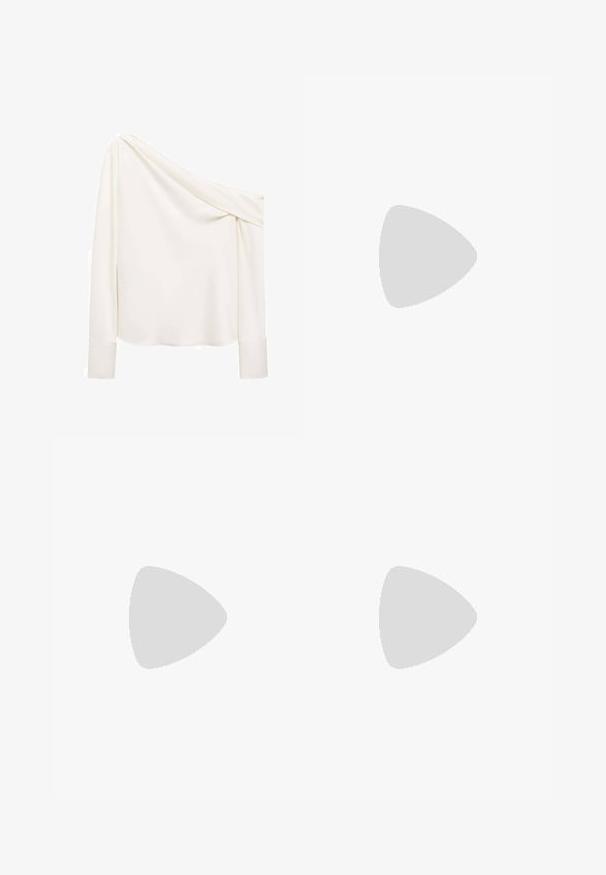 Off-shoulder, lang mouwtop in zacht witte stof. Heeft een gedrapeerd ontwerp en manchetten op de mouwen, een gladde textuur en een lichte glans.; Bershka Straight leg jeans - mottled dark grey; Zwarte leren kniehoge laars met een spitse neus en een kleine blokhak, met een gladde textuur en een strakke silhouet.; Zwarte, hoekige zonnebril met grijze lenzen; gemaakt van plastic, met dikke armen met een gladde oppervlakte en zonder zichtbare hardware.
