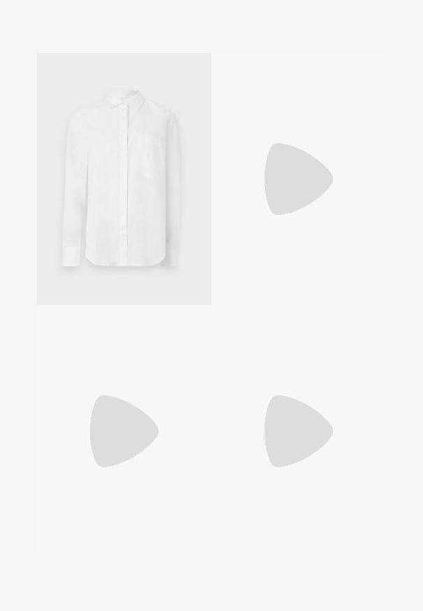 Cămașă albă cu mânecă lungă, cu guler și buzunar frontal la piept, având un design subtil brodat.; Pantaloni albi cu talie înaltă, confecționați dintr-un material moale, având două buzunare frontale, un design cu picior drept și un singur nasture de închidere în față.; Pantof înalt din piele argintie, cu vârf ascuțit, accent cu curea neagră și finisaj lucios, având o siluetă elegantă și toc subțire.; Geantă din piele ecologică bej cu închidere prin clapetă, curea ajustabilă și design minimalist. Prezintă cusături subtile și brand embosat.