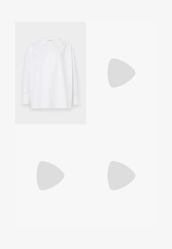 White long-sleeve blouse with a pointed collar, gathered shoulders, buttoned cuffs, and a small button at the neckline.; Beige wide-leg trousers made of textured fabric, featuring a flat front, pleats, and a waistband. The legs are straight and flowy.; Black leather shoes with a rounded toe, flat sole, and contrasting light brown outsole, paired with loose gray trousers.; Brown woven leather bag with a rectangular shape, smooth texture, zip closure, and a shoulder strap. Features side handle and gold accents.