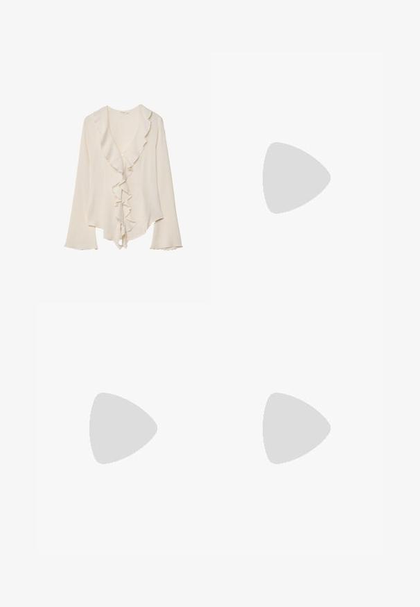 Blouse crème à manches longues avec col en V profond, garniture froncée le long du col et sur le devant, fermeture à un bouton et manches légèrement évasées.; Jimmy Key WITH ELASTIC WAIST - Jupe crayon - dark brown; Baskets en daim marron avec des bandes en cuir blanc, semelle en caoutchouc, bout arrondi et lacets. Comprend un logo sur la languette et des accents perforés.; Petit sac à main crème avec une finition texturée, une longue sangle réglable, un accent en chaîne et une fermeture à rabat. Détails en matériel doré.