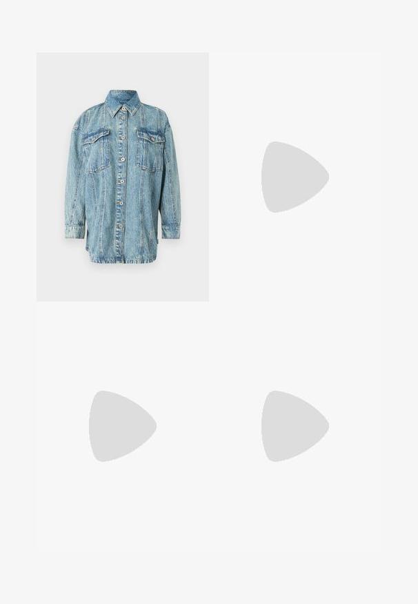 Light blue denim jacket with long sleeves, a collar, two front pockets, and button closure, featuring vertical stitching and a relaxed fit.; Blue denim wide-leg pants with an elastic waistband, two front pockets, and contrasting stitching. Fabric has a smooth, slightly textured finish.; White leather sneakers with a thick white sole, black suede heel accent, and embossed logo on the side. Laced design with six eyelets.; Black oversized sunglasses with a geometric shape, featuring dark lenses and a contrasting grey detail on the frame. Logo on the arm.