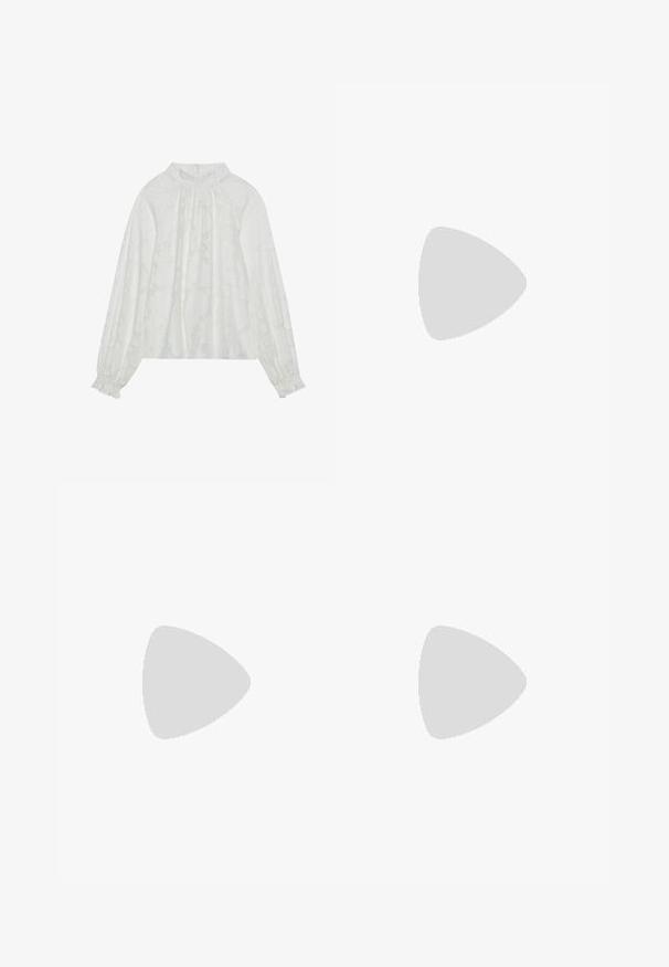 Blouse blanche à manches longues, avec un motif floral texturé, un décolleté froncé et des poignets élastiques. Tissu doux et léger.; Jupe longue rose pâle avec une taille froncée, dotée de poches latérales et d'une texture lisse. Portez-la avec des sandales blanches à lanières.; Ballerines beiges avec un motif tissé, fabriquées en matériau flexible. Elles possèdent une semelle plate et une sangle discrète à la cheville pour un maintien sécurisé.; Lunettes de soleil noires rectangulaires avec verres foncés, arborant le logo doré "GUCCI" sur la branche. Fabriquées en plastique lisse, avec un design élégant et moderne.; Sac à tote en cuir tressé marron avec deux poignées, une forme structurée et une surface texturée, présentant un motif en losanges sur toute sa surface.