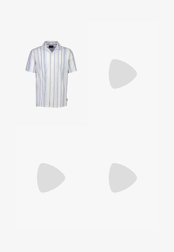 Camisa polo de manga corta azul marino con escote en V y tejido texturizado. Presenta un sutil detalle de logo en el pecho.; Camisa de botones de manga corta en blanco y azul claro con rayas verticales. Hecha de una tela ligera con un cuello clásico y cinco botones.; Jeans de mezclilla azul claro de pierna recta con cierre de botones, presillas para cinturón y bolsillos delanteros y traseros, mostrados sobre un fondo blanco.; Zapatilla blanca de cuero con un Swoosh negro texturizado, cordones planos y una suela de goma con un patrón estriado. "AIR" está grabado en el talón.; Gafas de sol grandes de color negro con lentes ovalados, montura de plástico suave y detalles dorados en las patillas. Los lentes oscuros ofrecen protección solar.