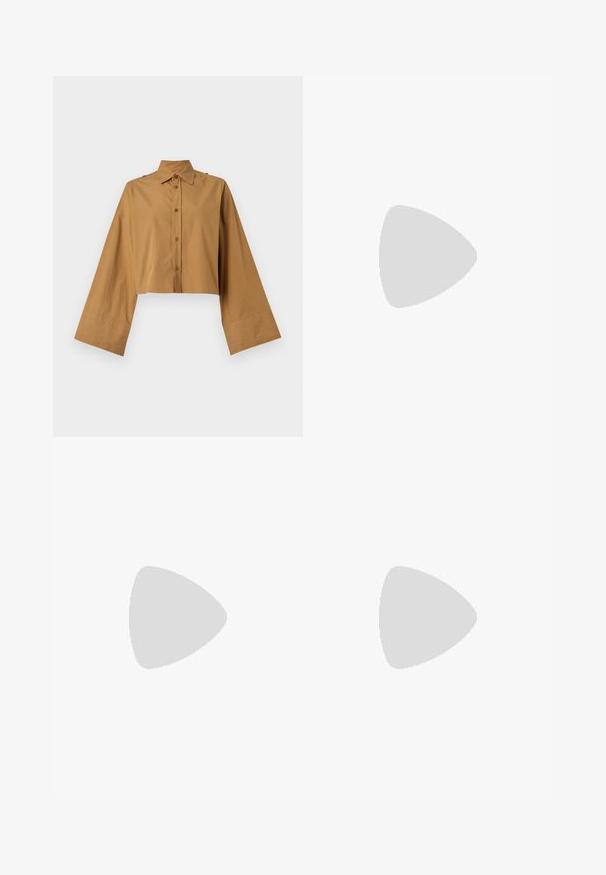 Cropped button-up shirt in tan cotton, featuring a pointed collar and wide sleeves with a smooth texture. Two buttons at shoulder accents.; Mother THE DITCHER ROLLER SNEAK - Wide Leg - outta sight; Black leather open-toe mule with a sleek, curved design, high stiletto heel, and smooth texture. The interior features a contrasting light color.; Black leather bag with a textured exterior, unique crumpled shape, and a short handle. Features a single main compartment.
