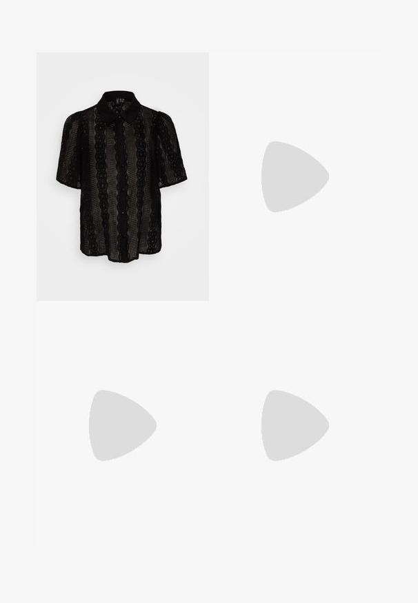 Black lace blouse featuring a collared neckline, short puff sleeves, vertical stripe patterns, and button closures down the front.; Black linen shorts with an elastic waistband, adjustable drawstring, and subtle vertical texture. Relaxed fit, mid-thigh length.; Black patent leather pointed-toe shoes with a block heel and ankle strap, paired with gray ribbed leg warmers and a brown suede skirt.; Black leather handbag with a gathered design, short rounded handles, and a detachable shoulder strap. Smooth texture with a soft silhouette.