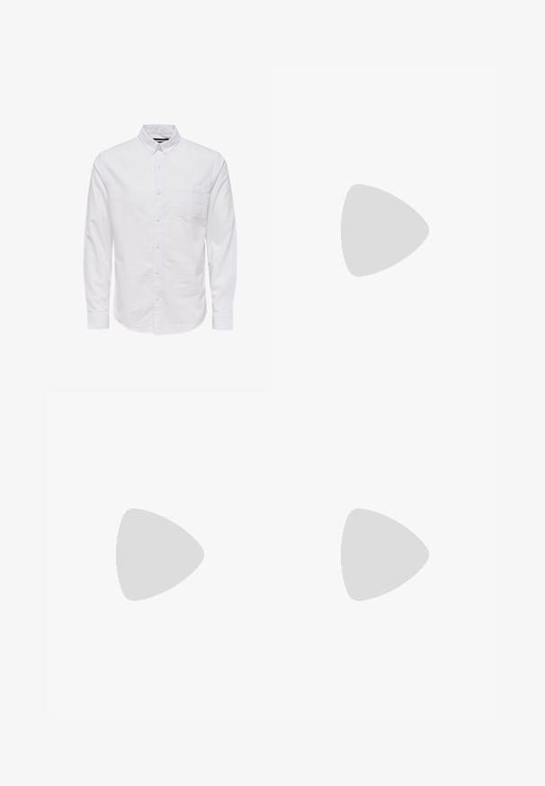 Camisa de manga larga blanca, tipo botón, hecha de algodón, con cuello, botones frontales y un bolsillo en el pecho. Textura suave.; Jeans de mezclilla azul de corte recto, con cinco bolsillos, cierre de botón y un ligero desgasto en toda la tela.; Zapatos de cuero negro con punta redondeada, diseño de cordones y suela gruesa y texturizada. Combinados con pantalones negros a medida y un suéter acanalado.; Reloj de acero inoxidable plateado con una esfera negra, indicadores de horas marcados, display de fecha y resistencia al agua de hasta 50 metros.