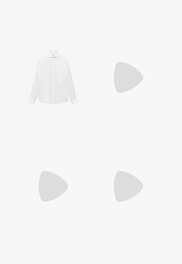 Vit långärmad skjorta med knappar och spetsig krage, med en slät yta och sju knappar fram.; Ljusblå shorts i ett texturerat tyg, med knäppning framtill och sidofickor, rak passform och knälång design.; Svart syntetiska loafers med en framträdande söm på framsidan, vadderad sula och platt gummiyttersula; elegant design med minimalt detaljerad.; Guldmetallramda solglasögon med mörkgröna linser, pilotstil, med smala armfästen och sköldpaddsmönstra detaljer på spetsarna.