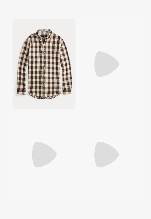 Long-sleeve button-down shirt with brown and cream checkered pattern, buttoned collar, and subtle embroidered logo on chest.; White cotton t-shirt with a crew neck and short sleeves. Features a small, navy polo logo on the left chest. Smooth texture, casual fit.; Brown striped shorts made of lightweight fabric, featuring an elastic waistband, drawstring closure, and side pockets.; White sneaker with green leather accents and a tan rubber sole. Features a fabric body and a prominent logo on the side. Laced design.