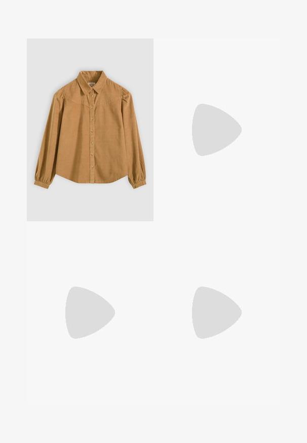 Brown button-up shirt with a collar, long sleeves, and gathered detailing. Made from fabric with a soft texture and slightly relaxed fit.; Light blue high-waist wide-leg jeans with front button and zip closure, front and back pockets, on a white background.; Sneaker features a soft pink suede upper, white leather panels, and a textured rubber sole. Notable swoosh logo on sides, laced design.; Yellow faux-crocodile handbag with a structured design, top handle, detachable chain strap, and decorative crystal embellishment on the clasp.