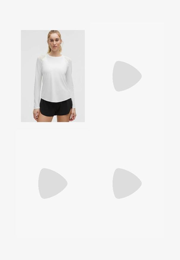 White long-sleeve athletic shirt with sheer shoulder panels, round neckline, and rounded hem, paired with black shorts. Smooth texture.; ASICS Running tights - deep red; On CLOUDMONSTER - Road running shoes - mist blueberry; Sport sunglasses with a white frame and large gradient lenses featuring purple and green hues; sharp angular design with a central nose bridge.