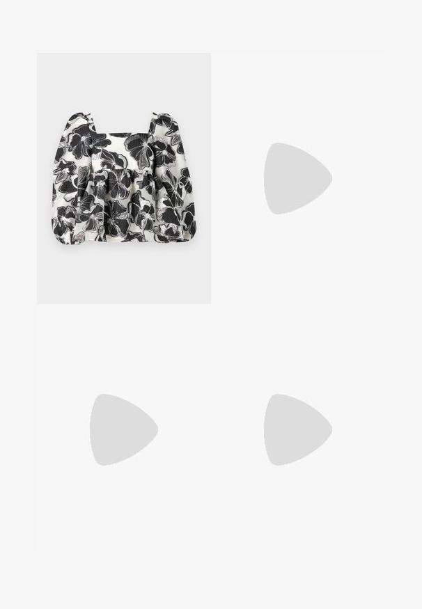 Mustvalge lilleline pluus puffseelikutega, ruudukujulise dekolteega, tekstuurse kangaga ja metalliliste niidiasenditega, luues kihilise välimuse.; Lillekaalulised püksted lillemustriga, elastse vöökoha ja elavate värvide seguga, sealhulgas roosa, kollane, roheline ja sinine.; Stuart Weitzman KITTY - Klassikalised kontsakingad - beige/barely beige; Kootud pruun kott avatud mustriga, ristküliku kujuga ja kahe soonikuga käepideme ning tugeva aluse toeks.