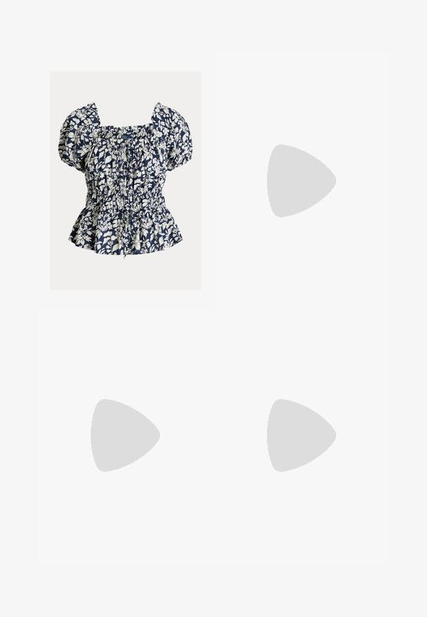 Navy blouse with white floral pattern, puff sleeves, smocked waist, and adjustable drawstring. Cotton blend, textured fabric, peplum silhouette.; Wide-leg jeans in off-white denim. High-waisted design with a button closure, two front pockets, and contrast stitching details.; Sports shoe featuring a lightweight mesh upper in white and pastel peach, with orange accents, a textured sole, and a prominent brand logo.; Brown leather shoulder bag with a slouchy design, gold hardware, and contrasting white stitching, held by a person wearing denim clothing.