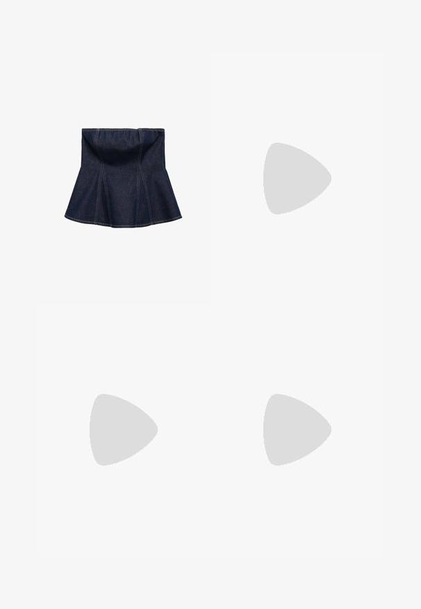 Dark blue denim skirt with flared design, featuring vertical seams and a smooth texture. No visible hardware or accents.; Black cropped trousers with a smooth texture. Features a flat front waistband and no visible pockets, designed for a tailored fit.; White strappy high-heeled sandal with a pointed toe. Features a decorative yellow petal accent and a slender ankle strap design.; Black rectangular sunglasses with dark lenses, glossy finish, wide arms, and a chunky frame design. Engraved brand name on one arm.; Clear and amber resin rings, one smooth and transparent, the other with a textured, amber finish. Both feature rounded, chunky designs.
