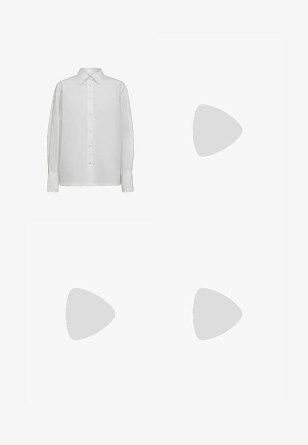 Vit långärmad skjorta i mjuk bomull. Har en klassisk krage, en knapp-up framsida med pärlemorknappar och åtsittande manschetter.; Vit bomulls t-shirt med rund hals, korta ärmar och en något texturerad yta. Inga synliga mönster eller metallföremål.; Svart blyertskjol gjord av mjuk tyg, med en figursydd silhuett, knälång design och fickor fram.; Svart flip-flop med en texturerad gummisula, två slanka remmar och en subtil, präglad logodetalj på remmen.; Sköldpaddsmönstrade glasögon med ovala linser och en elegant, slät yta. Har tunna sidor med en subtil kurva vid tinningarna. Klara linser.