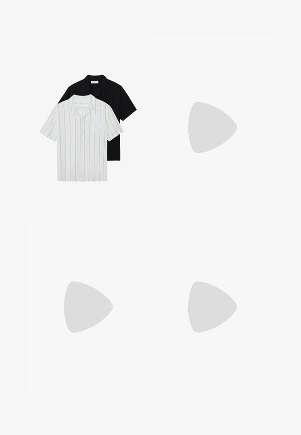 Camisas de manga corta con botones en blanco con rayas beige y negro sólido. Ambas tienen un cuello clásico y una textura de tela suave.; Pantalones cortos beige hechos de tejido ligero, con un diseño de frente plano, passadores para cinturón y un cierre de un solo botón. Diseño simple y limpio sin patrones.; Zuecos de cuero negro con punta redondeada, detalle de correa y hebilla, y una plantilla de corcho, con una suela de goma texturizada.; Bolso mensajero negro hecho de material suave, con solapa plegable, herraje de cierre plateado y correa de hombro ajustable.