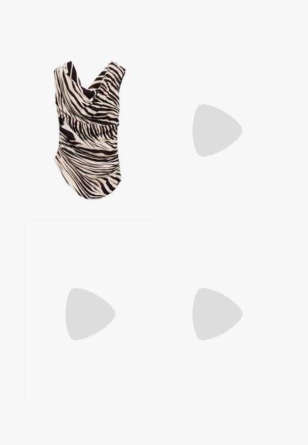 Zebra-striped sleeveless top in cream and black. Features draped neckline and gathered side detail. Made of lightweight fabric.; Two pairs of elastic waist shorts: one light blue with white vertical stripes, the other solid black. Both are made of soft fabric.; Leopard print slide sandals with a low heel, featuring a wide strap and a sleek, minimalist design. Made of synthetic material with a smooth texture.; Black cat-eye sunglasses with dark lenses, plastic frame, slim temples, and subtle branding on the inner arm. Matte finish texture.; Silver metallic bowl with a wavy design, smooth exterior, and textured interior, reflecting light with a polished finish.