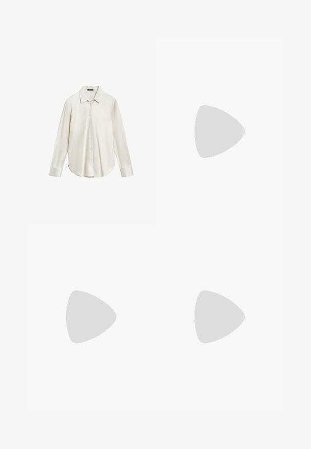 Bílá košile s dlouhým rukávem vyrobená z hladké látky, s klasickým límečkem, zapínáním na knoflíky a zakřiveným lemem. Jednoduchý design bez vzorů.; Široké krémové kalhoty vyrobené z bavlny. Mají pás s opaskem, zipový klouz a dvě přední kapsy. Hladký povrch, minimální švy.; Hnědé lakované kožené sandály na vysokém podpatku s páskem kolem kotníku, otevřenou špičkou a elegantním, minimalistickým designem. Obsahují čtvercový podpatek.; Hnědá a krémová kravská kůže ramenní taška s hladkým koženým popruhem, zipovým uzavřením a jemným, texturovaným povrchem s přírodním vzorem.