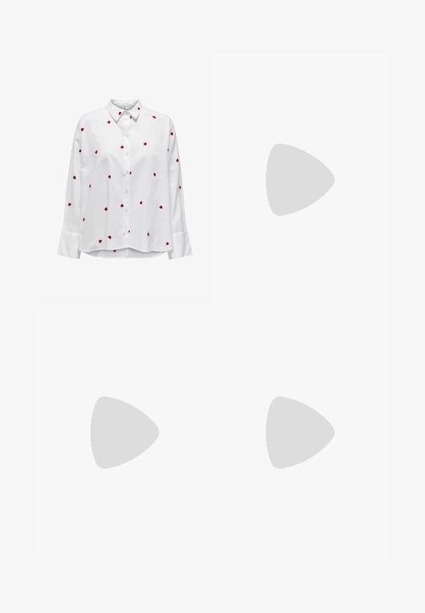 White shirt with long sleeves and a classic collar, featuring red heart embroidery scattered across the fabric. Button-down front and cuffed sleeves.; Leopard print skirt featuring a brown and black pattern, smooth texture, ankle-length design, and a form-fitting silhouette.; White fuzzy slippers featuring an embroidered cherry design in red and green. Soft texture with a slip-on style.; Red leather handbag with an angular, geometric design. Features a single adjustable strap and a flap closure with stitched detailing.