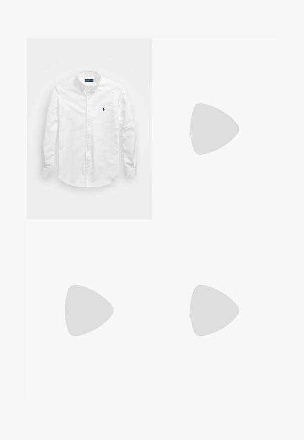 White button-up shirt made of cotton. Features a pointed collar, long sleeves, and a small navy logo on the chest. Smooth texture.; Navy long-sleeve t-shirt made of soft cotton. Features a crew neckline and a small red logo on the left chest. Smooth texture throughout.; Striped shorts in light blue and white. Made from cotton, featuring a button closure, side pockets, and a straight hemline.; White low-top sneaker with black heel tab and black Polo Ralph Lauren logo on side, featuring white laces and thick rubber sole.