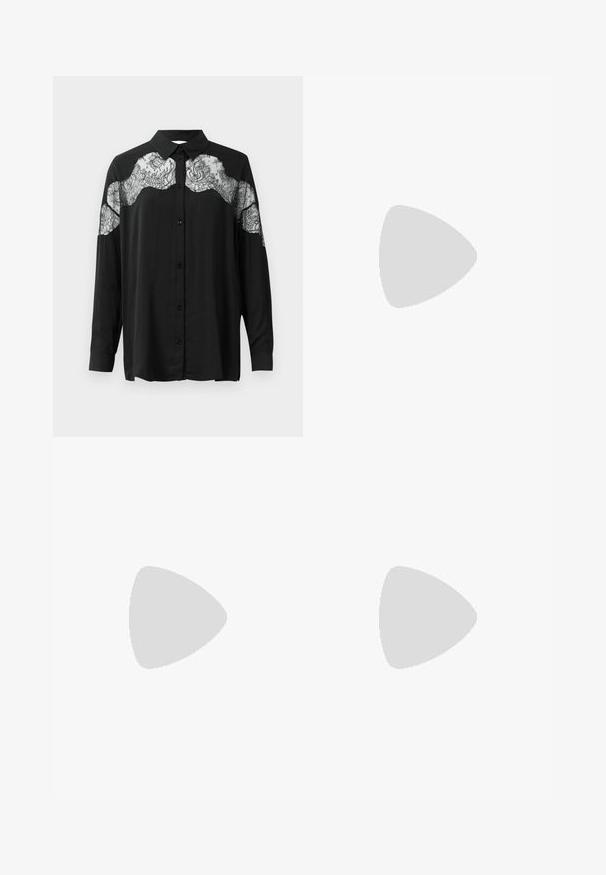 Black button-up shirt with long sleeves. Features a lace overlay across the shoulders, adding texture and pattern contrast to the fabric.; Black denim wide-leg pants with copper button accents, featuring two front pockets and a high waist design. Smooth texture and straight cut.; Black leather slingback shoe with a pointed toe, decorative straps featuring metal eyelets, and a low block heel. Textured surface.; Brown textured leather crossbody bag with gold chain strap and flap closure. Front features logo detail and a pocket under the flap.