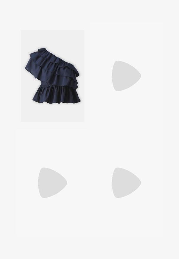 Navy blue one-shoulder top featuring layered ruffles and an elasticized waistband, made of lightweight fabric with a smooth texture.; Even&Odd Petite Trousers - dark blue; Silver slingback high heel shoe with a pointed toe, metallic finish, two decorative straps, and a slender heel with a black tip.; Silver metallic handbag with a structured shape, featuring a top handle and bow detail on the front. Smooth texture, reflective finish.