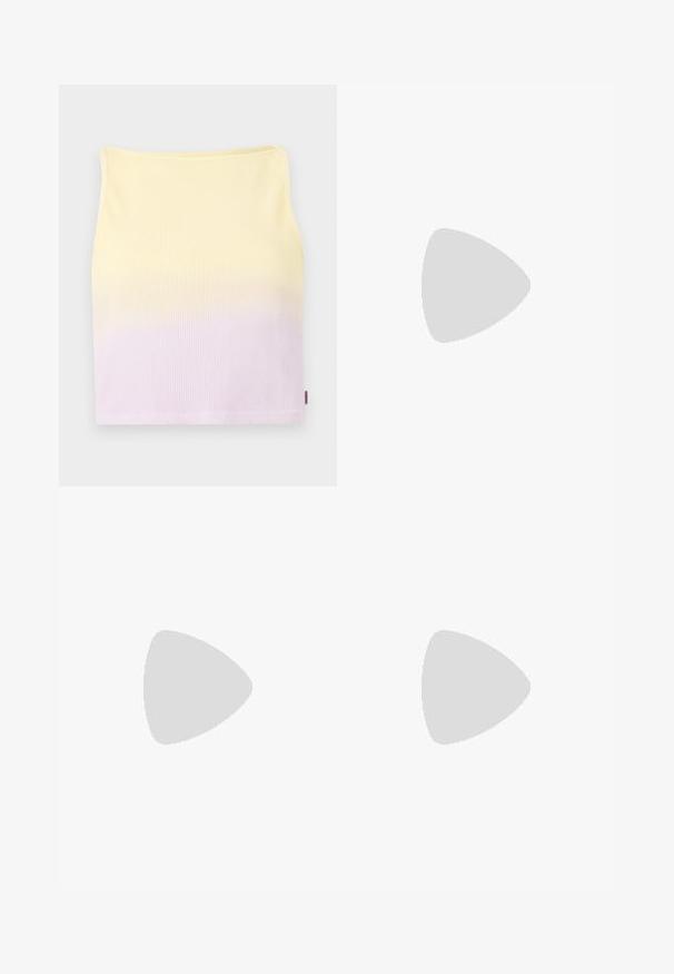 Ribbed knit crop top, features a gradient pattern from yellow to light purple, with a fitted shape and a rounded neckline.; Wide-leg pants featuring a zigzag pattern in vibrant shades of orange and pink, with an elastic waistband and logo tag at the back.; Orange suede sneakers with neon green three stripes, rubber sole, and red laces. White socks are visible, foot positioned on green background.; White cotton T-shirt with orange logo, featuring a silver chain necklace with interlocking links, displayed against a neutral background.