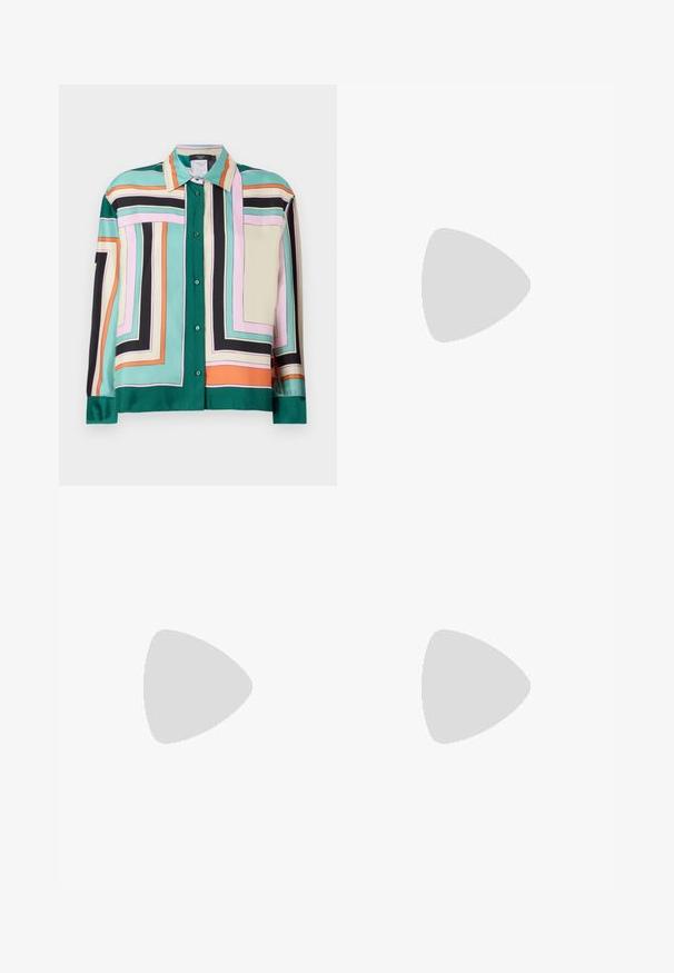 Satin knapstribe skjorte med geometrisk mønster i grøn, pink, sort, beige og orange. Har krave og lange ærmer med knapmanchetter.; Viddebenede bukser i silke-blanding med et farverigt geometrisk mønster med striber i grøn, orange, pink og sort. Elastisk talje.; Sort læderballetsko med rund tå, glat tekstur, minimal syning og et fleksibelt såldesign.; Brun læder håndtaske med flaplukning, hardware i gyldent tone, en skulderrem og en glat overflade. Kompakt rektangulær form.