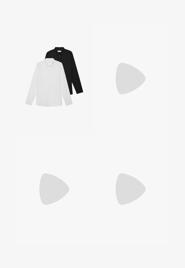 Camisas de manga larga en blanco y negro con cuellos puntiagudos, botones frontales y una textura de tela suave. Etiquetas visibles en el interior del cuello.; Pantalones de corte entallado en azul marino con una textura suave, de corte recto y ajustado, y una cintura negra. Sin patrones visibles ni detalles de hardware.; Mocasines de cuero marrón con un acabado brillante, que presentan un detalle de costura en la parte frontal y una suela de goma negra de perfil bajo.; Gafas de sol negras con montura rectangular, lentes ahumados grises y diseño con corte en el puente. Material plástico brillante y elegante, con varillas estrechas.