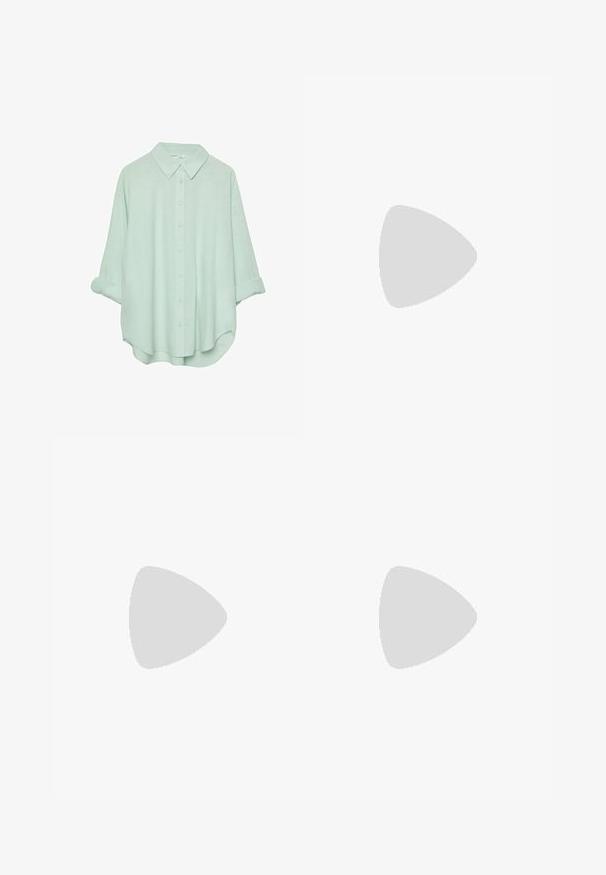 Mint green button-up shirt with a collar, rolled-up sleeves, and a relaxed fit. Made from a lightweight, soft fabric with a smooth texture.; Brown wide-leg trousers with a smooth texture, featuring a high waist and front pleats. The fabric is lightweight and flows loosely.; Olive green suede ankle boot with a black chunky sole, metal lace hooks, and a patterned side, featuring a logo on the back.; Brown leather crossbody bag with a curved shape, gold hardware, and a buckle accent. Features a detachable shoulder strap.