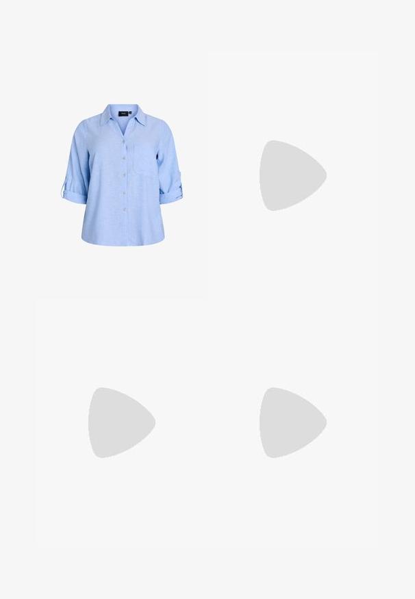 Camisa de botones de manga corta azul claro, con cuello, bolsillo en el pecho y mangas con tiras para enrollar. Fabricada con un tejido texturizado.; Pantalones de pierna ancha en tejido de un oscuro color navy con una textura acanalada. Presenta una cinturilla suave y una silueta fluida, llegando a la altura de las pantorrillas.; Zapatillas de plataforma blancas con un upper suave similar al cuero, forma redondeada, cuello acolchado y suela de goma texturizada con surcos definidos.; Bolso sintético blanco con forma triangular, tapa frontal plana y detalle de lazo, correa ajustable, textura suave y diseño minimalista.