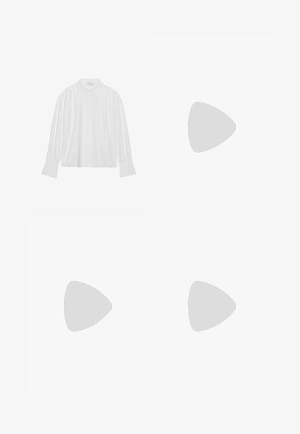 White long-sleeve blouse with a collared neckline, button front, and pleated detailing at the shoulders and sleeves. Smooth fabric texture.; White wide-leg jeans made of denim with a high waist, featuring five pockets and metal hardware accents. Smooth texture, no visible patterns.; Navy blue suede loafer with a rounded toe, featuring a decorative metal chain accent and a low heel with contrasting stitching details.; Tortoiseshell glasses with large rectangular frames, featuring reflective lenses and thin temples, worn against a neutral background.