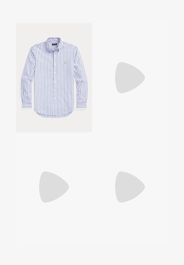 Striped long-sleeve shirt in light blue and white cotton with a button-down collar, featuring a small embroidered logo on the chest.; White athletic shorts with an elastic waistband, featuring a black Nike swoosh logo on the lower left side. Smooth fabric with no patterns.; Navy suede sneaker with a low profile, round toe, and contrasting beige rubber sole. Features tonal laces and a soft textile lining.; Black sunglasses with a sleek plastic frame, gradient dark lenses, geometric shape, and signature branding on the temple.