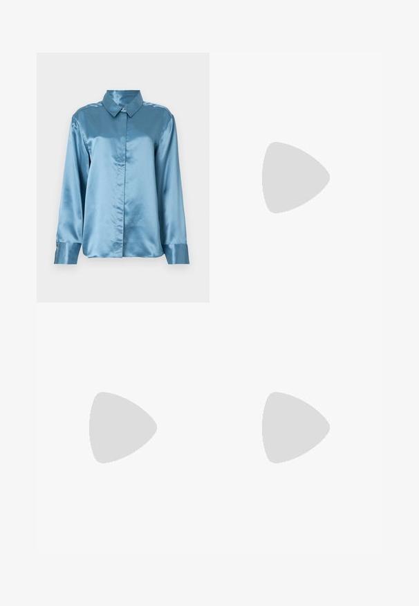 Light blue satin shirt with a collar and button front. Long sleeves with buttoned cuffs and a smooth texture. Minimalist design.; Light blue denim jeans with a high waist, wide-leg cut, two side pockets, and pleated design feature. Soft texture with a faded finish.; Black leather ankle boot with a pointed toe, high stiletto heel, fold-over cuff, and a gold decorative buckle detail on the ankle.; Black leather handbag with a structured design, featuring a cropped shape, top handle, and gold hardware accent. Adjustable shoulder strap included.