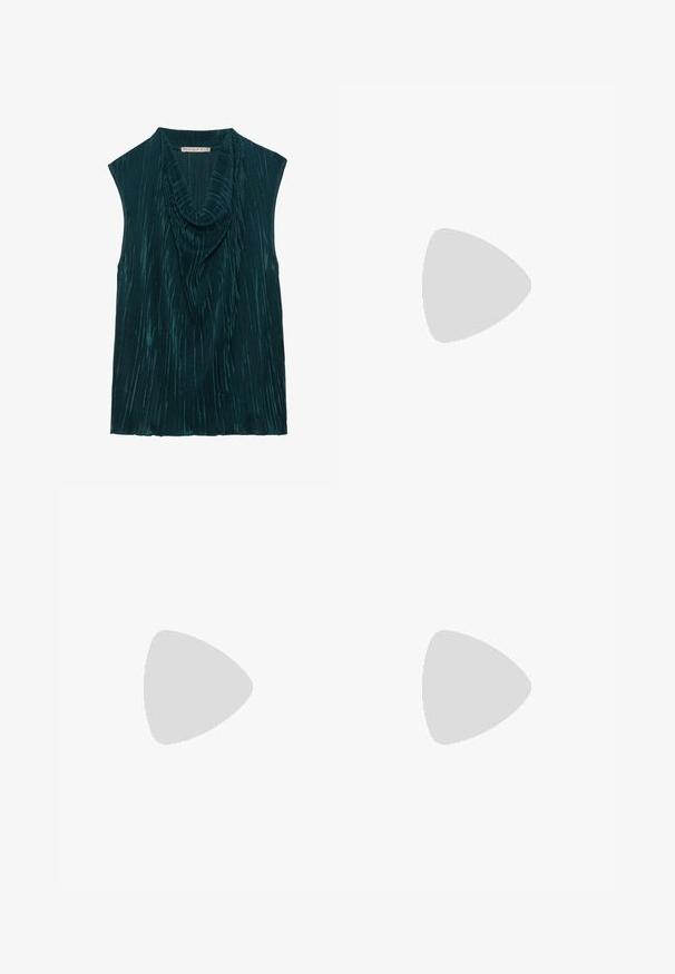 Anna Field Top - dark green; Mango Trousers - black; Black leather slingback shoe with a pointed toe, subtle sheen, and adjustable ankle strap. Flat heel with a brown insole.; Black plastic sunglasses with green lenses, square frames, silver accent on the brow, and textured temple arms. Stated brand on inner arm.