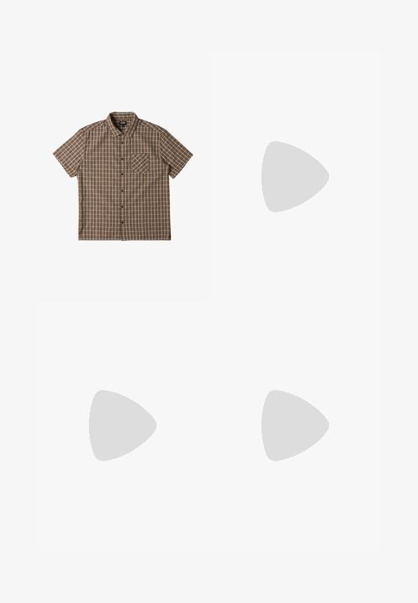 Chemise à manches courtes à boutonner dans des teintes de marron avec un motif à carreaux, dotée d'une poche poitrine et d'un col évasé.; Jogging en lin beige avec une taille élastique et un cordon de serrage ajustable, présentant des poignets élastiques et une coupe relaxée. Texture lisse.; Mocassin en suède beige avec des détails cousus, accents en matériel doré et un bout arrondi. Semelle plate en caoutchouc pour une bonne traction.; Lunettes de soleil avec monture en métal doré, verres verts, forme ronde, branches fines et accents en plastique blanc aux extrémités des branches.