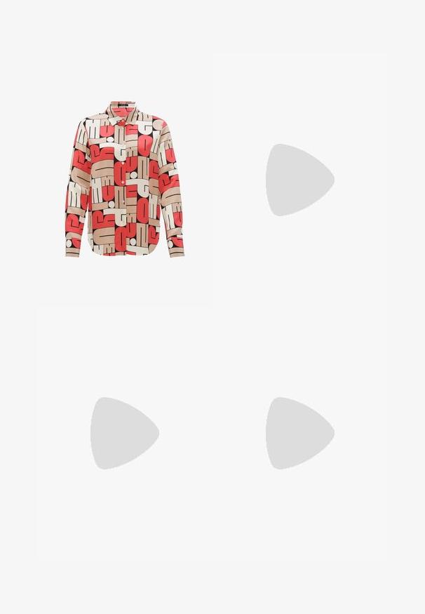 Hemd mit Knopfleiste und geometrischem Muster in Rot, cremig und Schwarz. Aus glattem Stoff gefertigt, mit Kragen und langen Ärmeln.; Drei ärmellose Tops gestapelt: schwarz, olivgrün und weiß. Der Stoff ist ein glattes, dehnbares Material mit abgerundeten Ausschnitten und ohne Muster.; adidas Originals Jogginghose - auburn cream white; Weißes Mesh-Laufschuh mit grauen Akzenten, runder Spitze, Schnürdesign, gepolsteter Sohle und einem auffälligen "N"-Logo an der Seite.