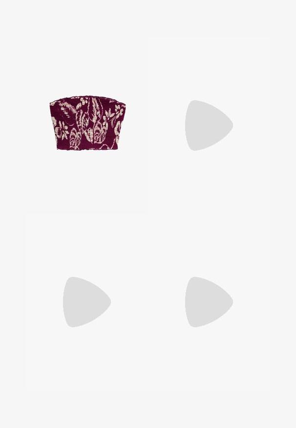 Marks & Spencer SHIRRED BANDEAU - Blouse - purple mix; Long burgundy dress with spaghetti straps, featuring a paisley pattern in cream, a straight cut, and a front slit for ease of movement.; White open-toed high-heeled mules with a smooth finish, minimalist design, and a slender heel, featuring a subtle brown accent on the sole.; Woven straw handbag in light beige with a rounded body, open top, and a detachable strap. Notable texture and intricate weave pattern.; Cluse BELISSENA WATCH - Watch - silver-coloured/gold-coloured; Gold-tone hoop earrings with a twisting design, featuring a ribbed texture and a smooth finish. Lightweight and hollow construction.