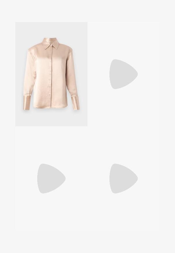 Satin blouse in soft beige with a classic collar, long sleeves, button-up front, and slightly oversized fit. Smooth texture, minimal detailing.; Wide-leg trousers in a soft teal fabric, featuring a front button closure, sharp creases, and smooth texture. Tailored design with minimal accents.; Black leather slingback shoe with a pointed toe, featuring a woven accent and pleated upper design. Flat sole with minimal hardware.; Pleated beige leather clutch with a silver metal frame, featuring two round decorative clasps and a silver chain strap.