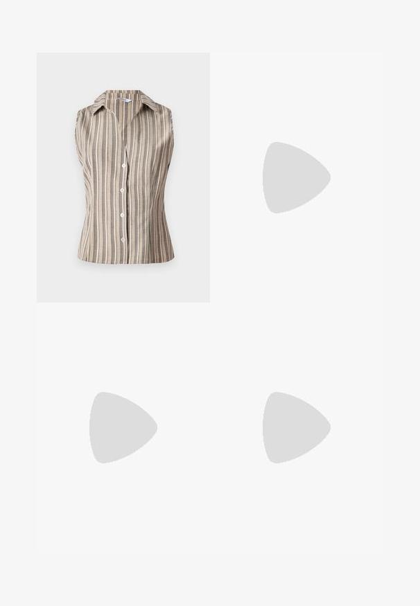 Ærmeløs, krave skjorte i tan med hvide lodrette striber. Har frontknapper og en tætsiddende design. Tekstureret, letvægtsstof.; Brune brede jeans med et subtilt leopardmønster, fremstillet i denim med en glat tekstur og klassisk fem-lommer design.; Sorte læderslippers med spidse tæer, lille kitten hæl og en dekorativ knude detalje foran. Glat tekstur hele vejen rundt.; Grå ribbet crop top og olivengrøn højhøjdet nederdel. Modellen holder en hvid skuldertaske med udskæringsdetaljer. Enkel design, tætsiddende silhuet.